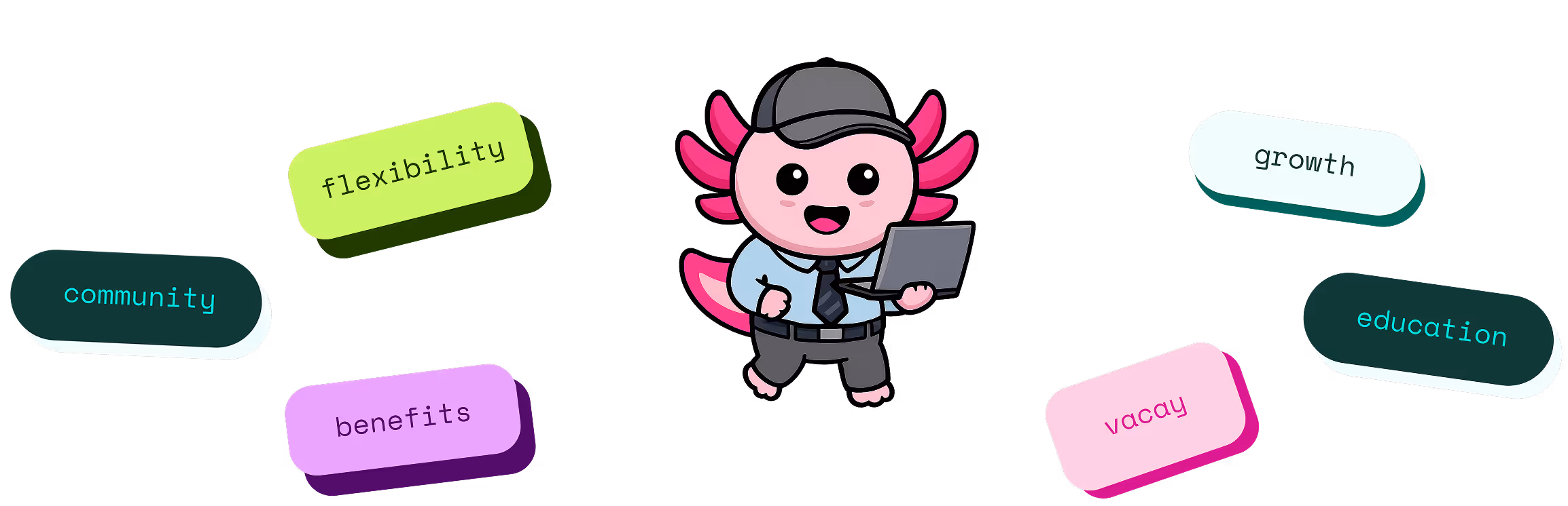 Cartoon axolotl wearing a black cap, blue shirt, and tie, holding a laptop, surrounded by colorful blocks with words: flexibility, community, benefits, growth, education, and vacay.