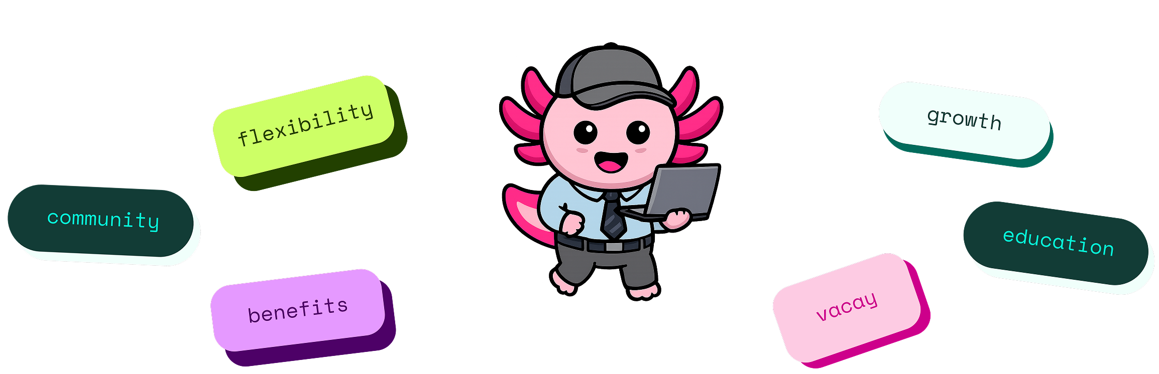 Cartoon axolotl wearing a black cap, blue shirt, and tie, holding a laptop, surrounded by colorful blocks with words: flexibility, community, benefits, growth, education, and vacay.