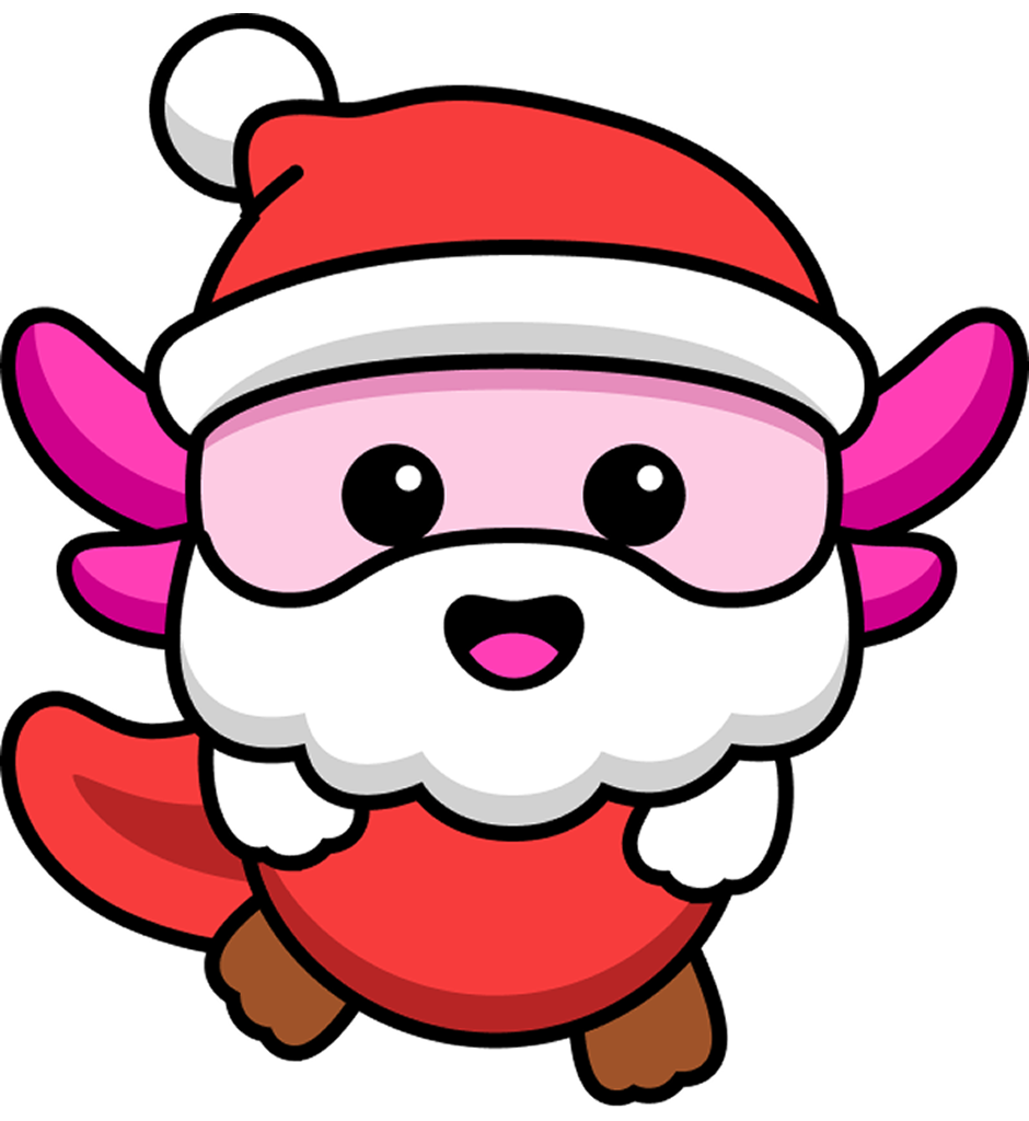 Cute cartoon axolotl wearing a Santa hat and a white beard, smiling with big eyes.