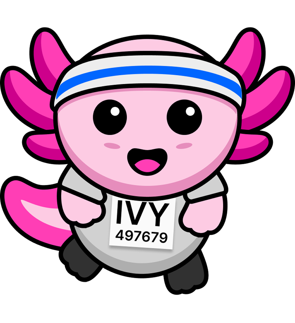 Cartoon pink axolotl with bright tail and frills wearing a gray shirt with 'IVY 497679' and a white headband with blue stripes.