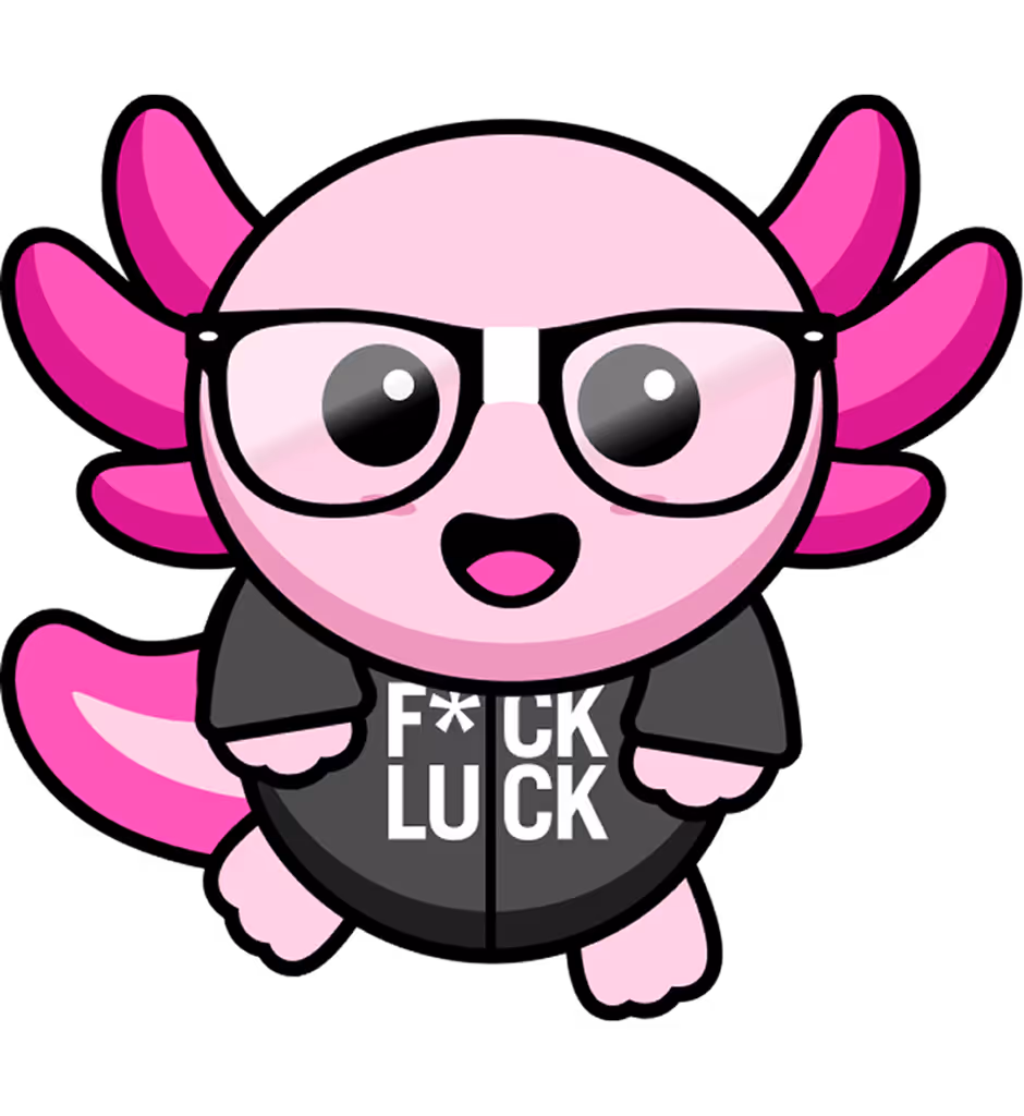 Cute pink axolotl cartoon character wearing black-rimmed glasses and a black jacket with 'F*CK LUCK' printed on it.