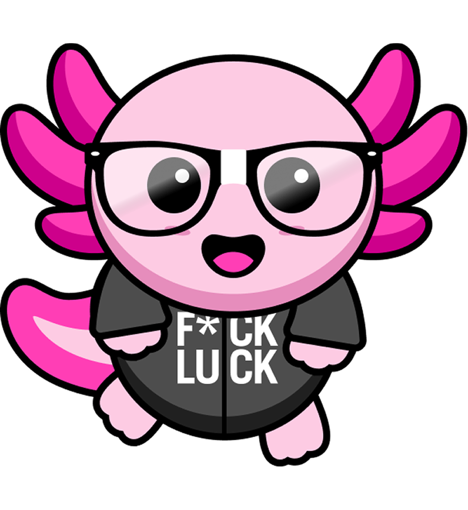Cute pink axolotl cartoon character wearing black-rimmed glasses and a black jacket with 'F*CK LUCK' printed on it.