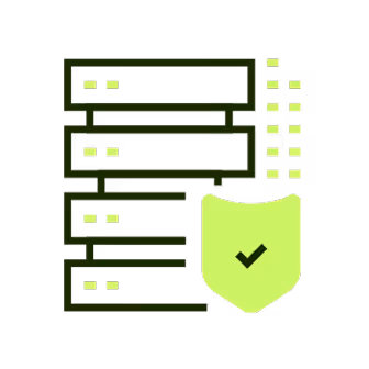 Icon showing server racks with a shield and checkmark symbolizing secure data or network protection.