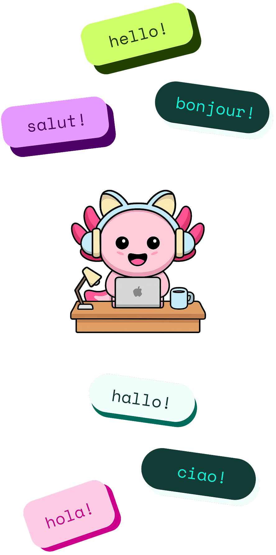 Cute pink cartoon character with headphones sitting at a desk with a laptop, coffee cup, and lamp, surrounded by colorful speech bubbles saying hello in multiple languages.