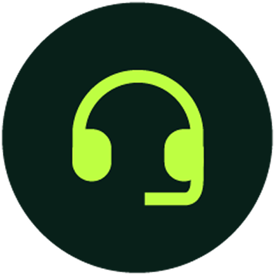 Lime green headset icon on a dark circular background.