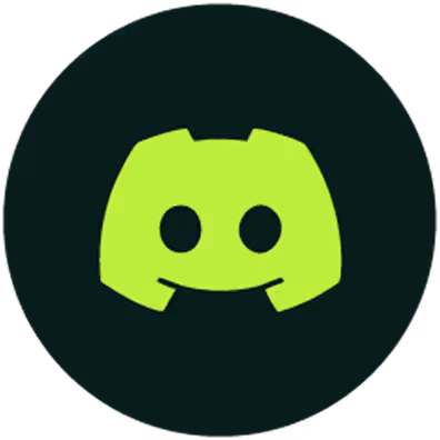Bright green Discord logo with a stylized game controller face on a dark circular background.