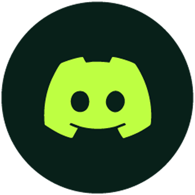 Bright green Discord logo with a stylized game controller face on a dark circular background.
