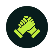 Green icon of two hands clasped in a handshake on a dark circular background.