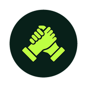 Green icon of two hands clasped in a handshake on a dark circular background.