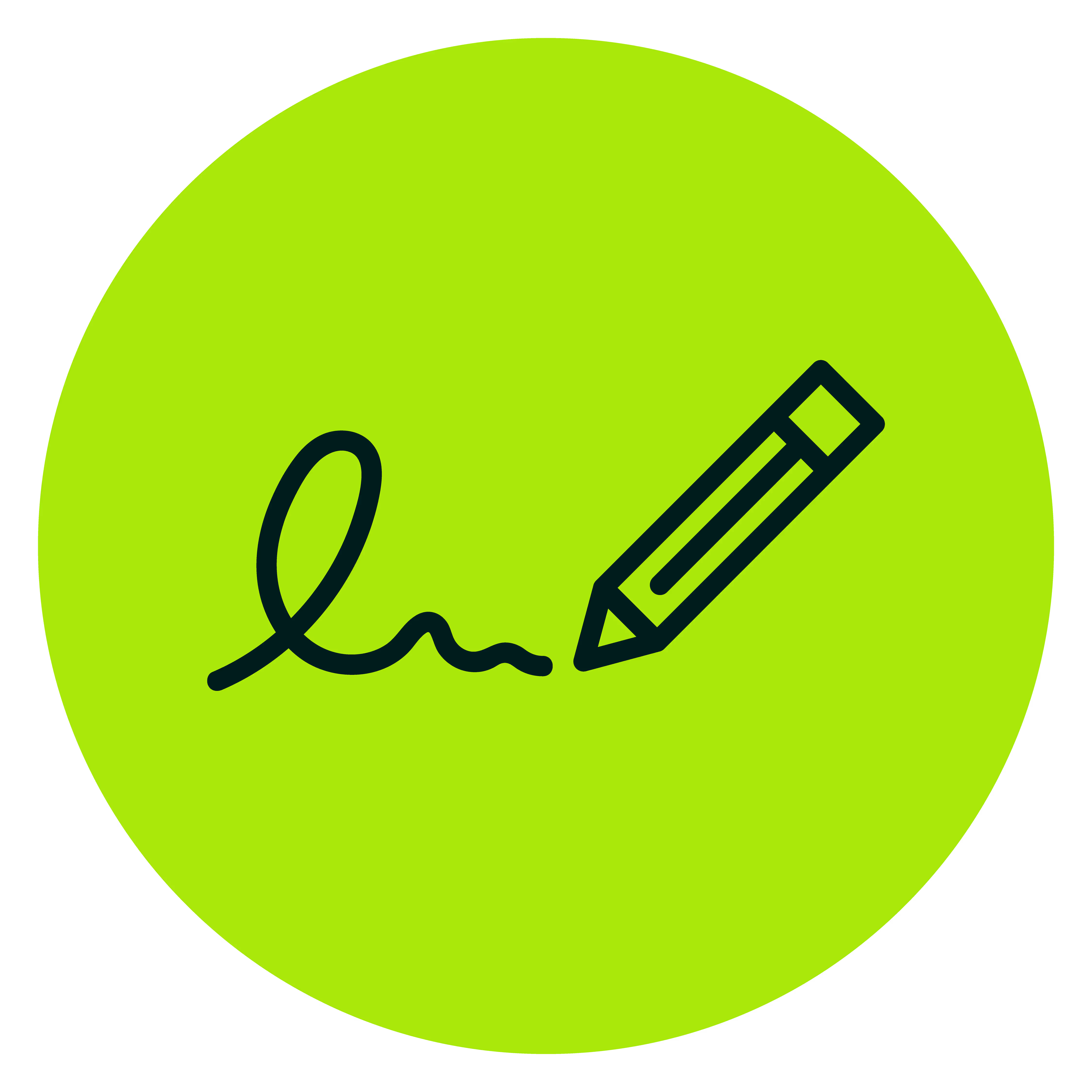 Black pencil drawing a signature line inside a bright green circle.