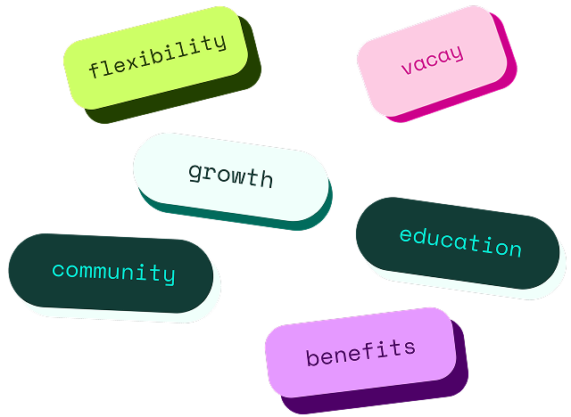 Colorful rounded rectangular blocks with words: flexibility, vacay, growth, education, community, and benefits on a black background.