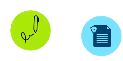 Black pen icon signing a squiggly line inside a bright green circle, and a blue document icon with a shield inside a light blue circle.