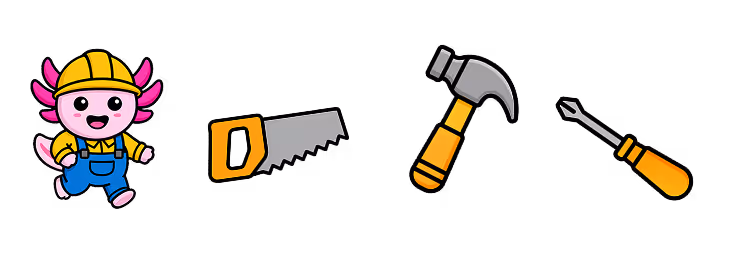 Cartoon axolotl wearing a yellow hard hat and blue overalls next to illustrations of a saw, hammer, and screwdriver.