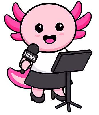 Pink axolotl character holding a microphone labeled NEWS and standing behind a lectern.