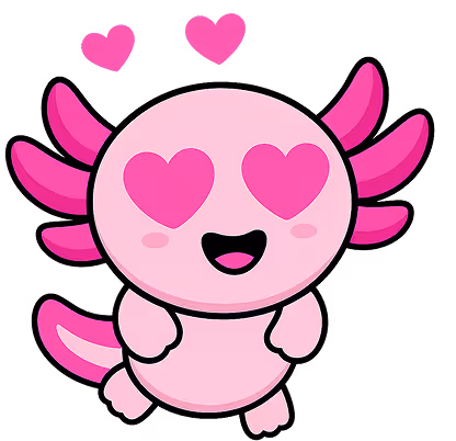 Pink axolotl cartoon with heart-shaped eyes and hearts above its head expressing love.