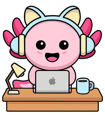 Cute pink axolotl character wearing headphones sitting at a desk with a laptop and coffee mug.