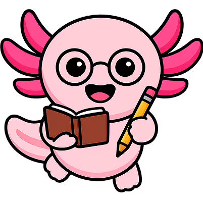 Cartoon pink axolotl wearing glasses, holding a book in one hand and a pencil in the other.