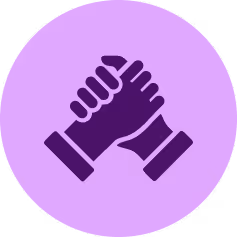 Two hands clasped together in a handshake inside a purple circle.