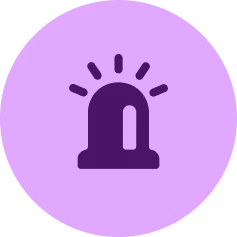 Dark purple emergency siren icon with light rays on a lavender circular background.