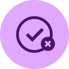 Purple checkmark inside a circle with a small cross icon overlapping it on a lavender background.
