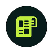 Green icon of overlapping documents on a dark circular background.