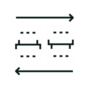 Icon depicting sandboxing with two separated computer windows and arrows indicating exchange or isolation.