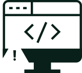 Computer monitor showing code symbol with a warning triangle containing an exclamation mark.