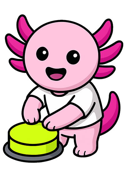 Cute pink cartoon axolotl wearing a white shirt pressing a large green button.