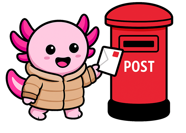 Cartoon axolotl in a brown jacket holding a letter next to a red post box labeled POST.