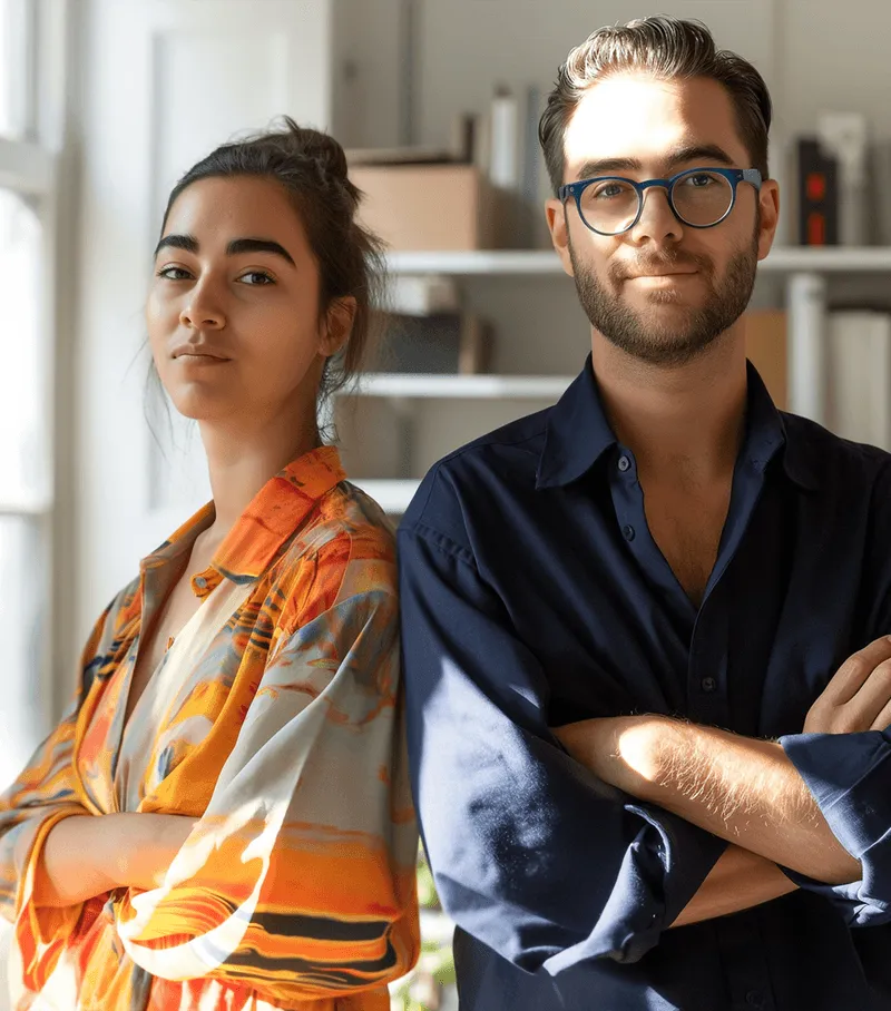A confident woman in orange patterned shirt and a man with glasses in a navy shirt standing side by side with arms crossed.