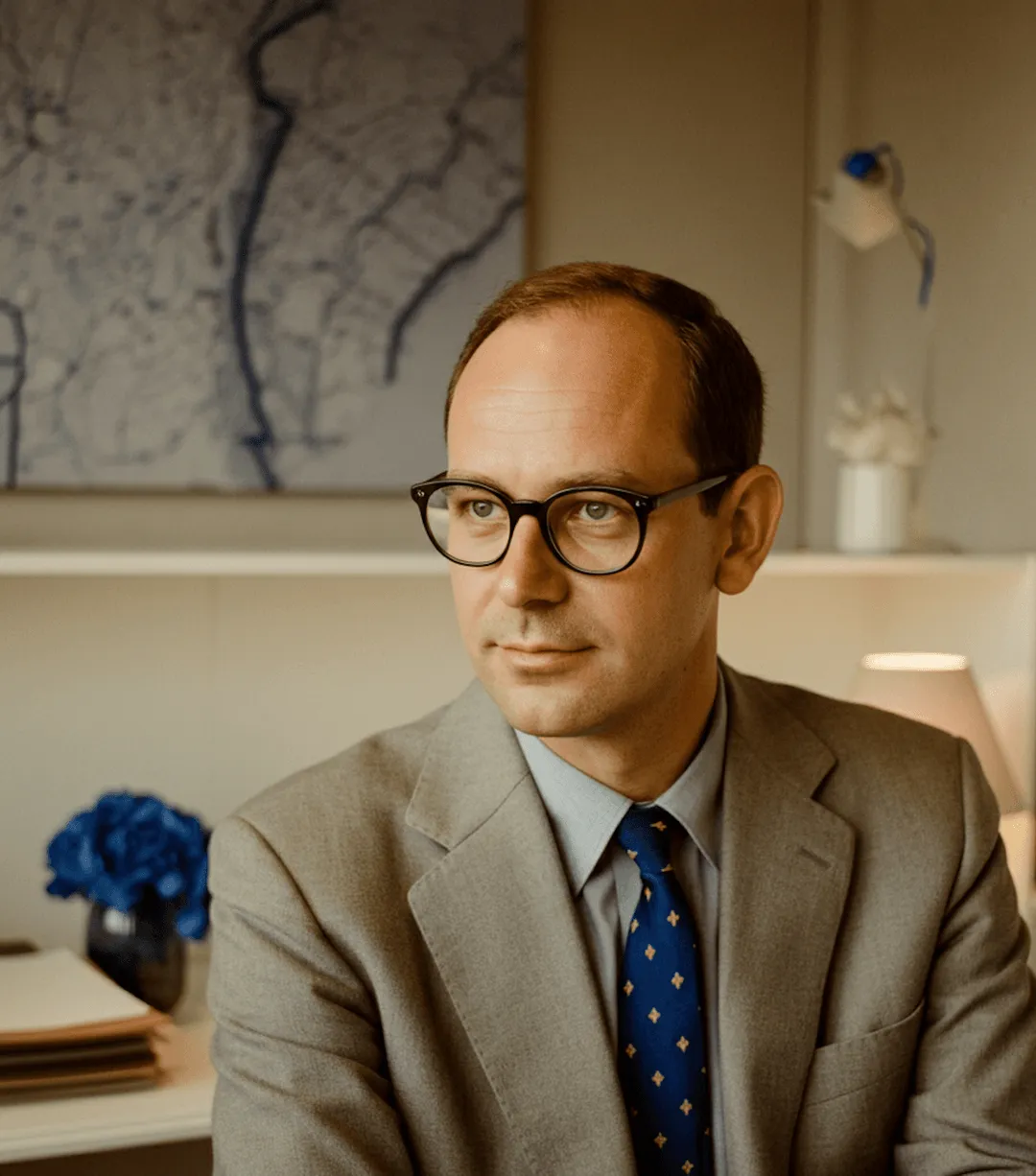 Man wearing glasses and a beige suit with a blue tie, sitting in an office with a map and a vase of blue flowers behind him.