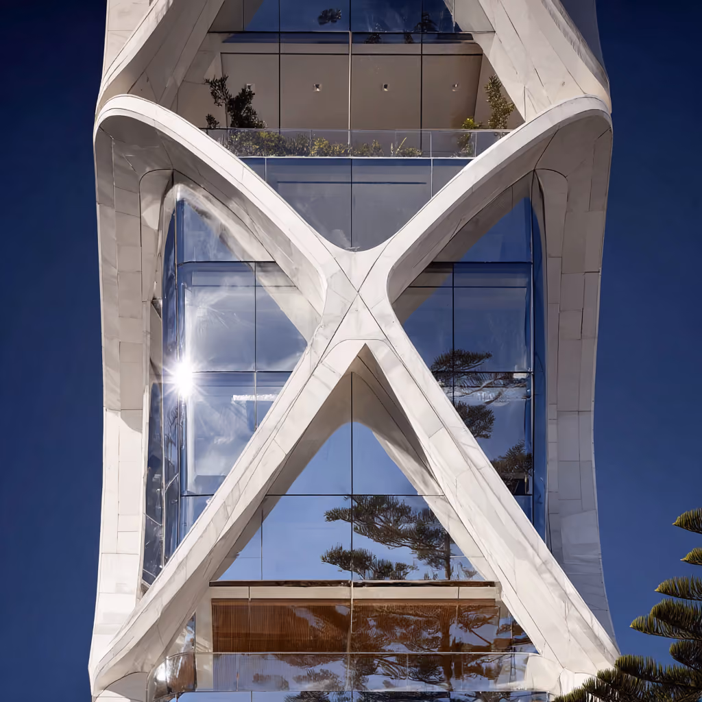 Building atrium with X-shaped structural beams