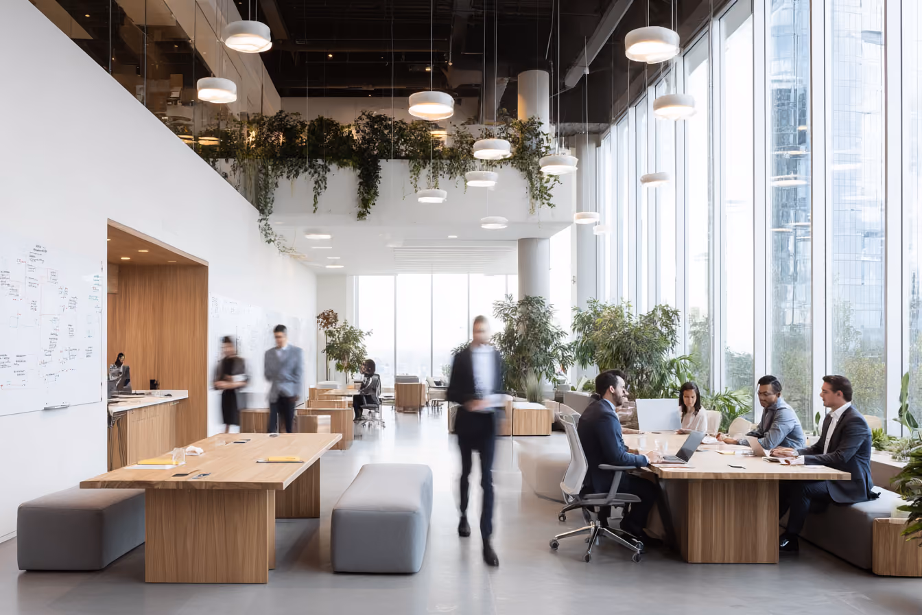 Office lobby reception with wood tones