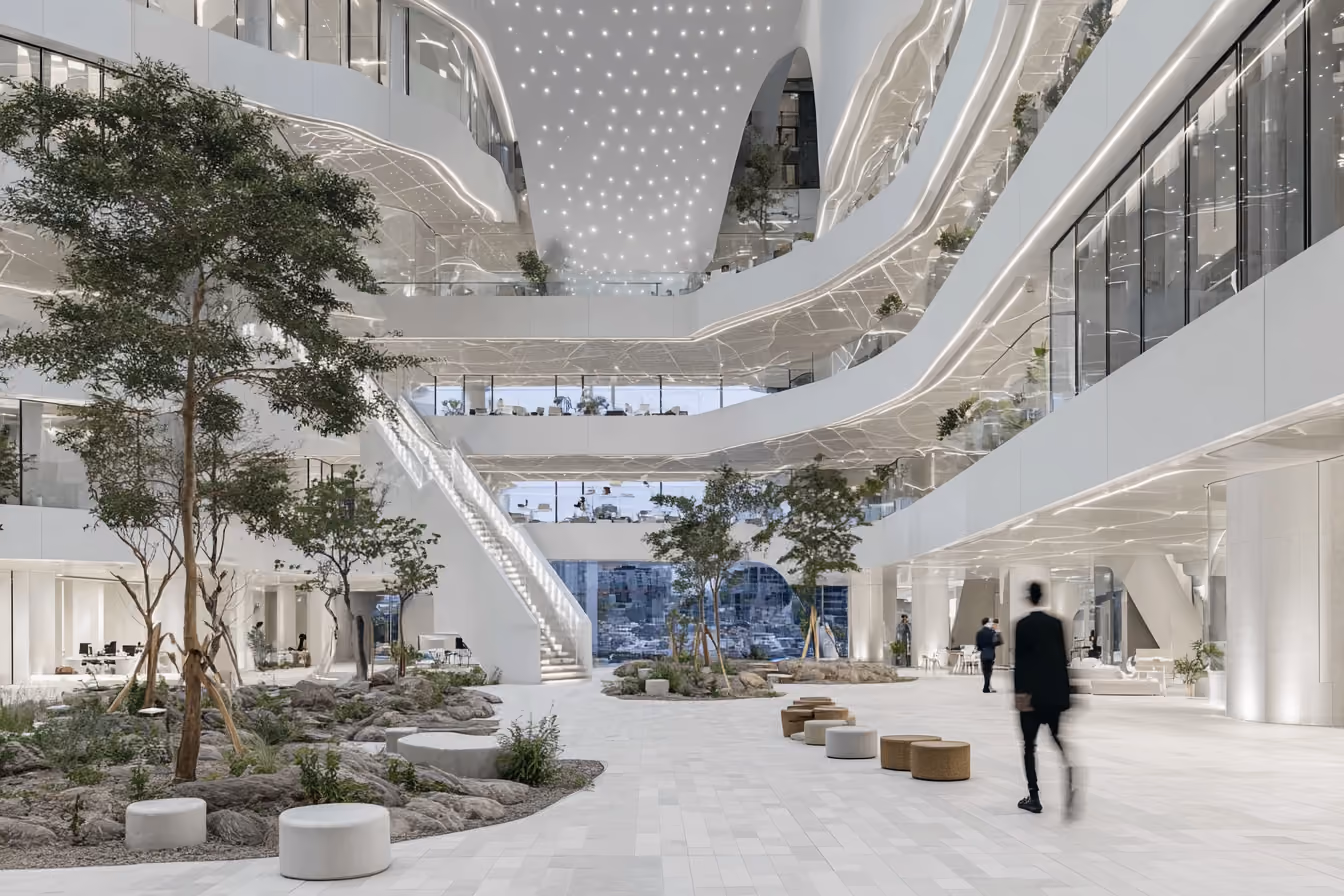 Building atrium interior with escalators