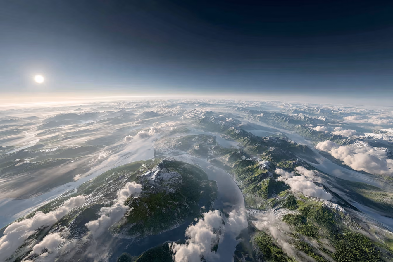 Illuminated sphere structure rising above a sea of clouds under a bright sun