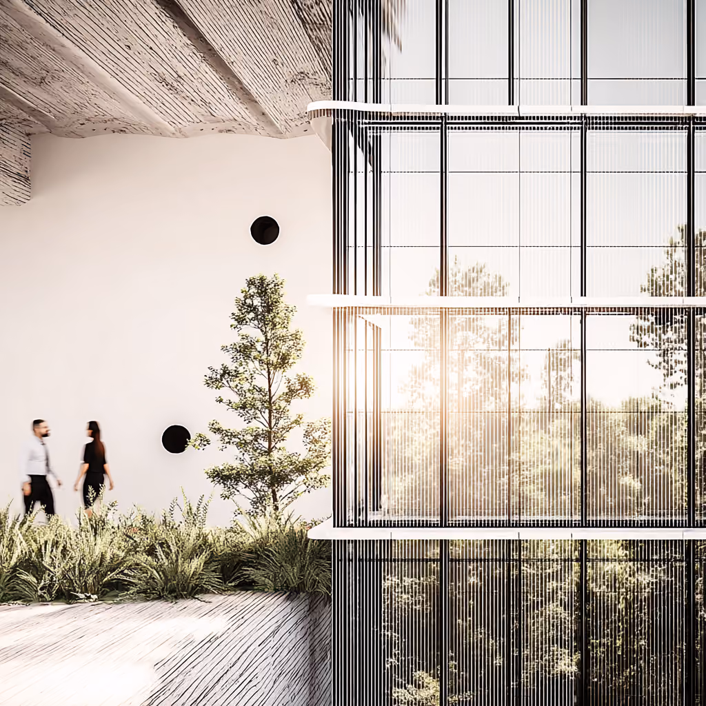 Building exterior with glass windows and tree