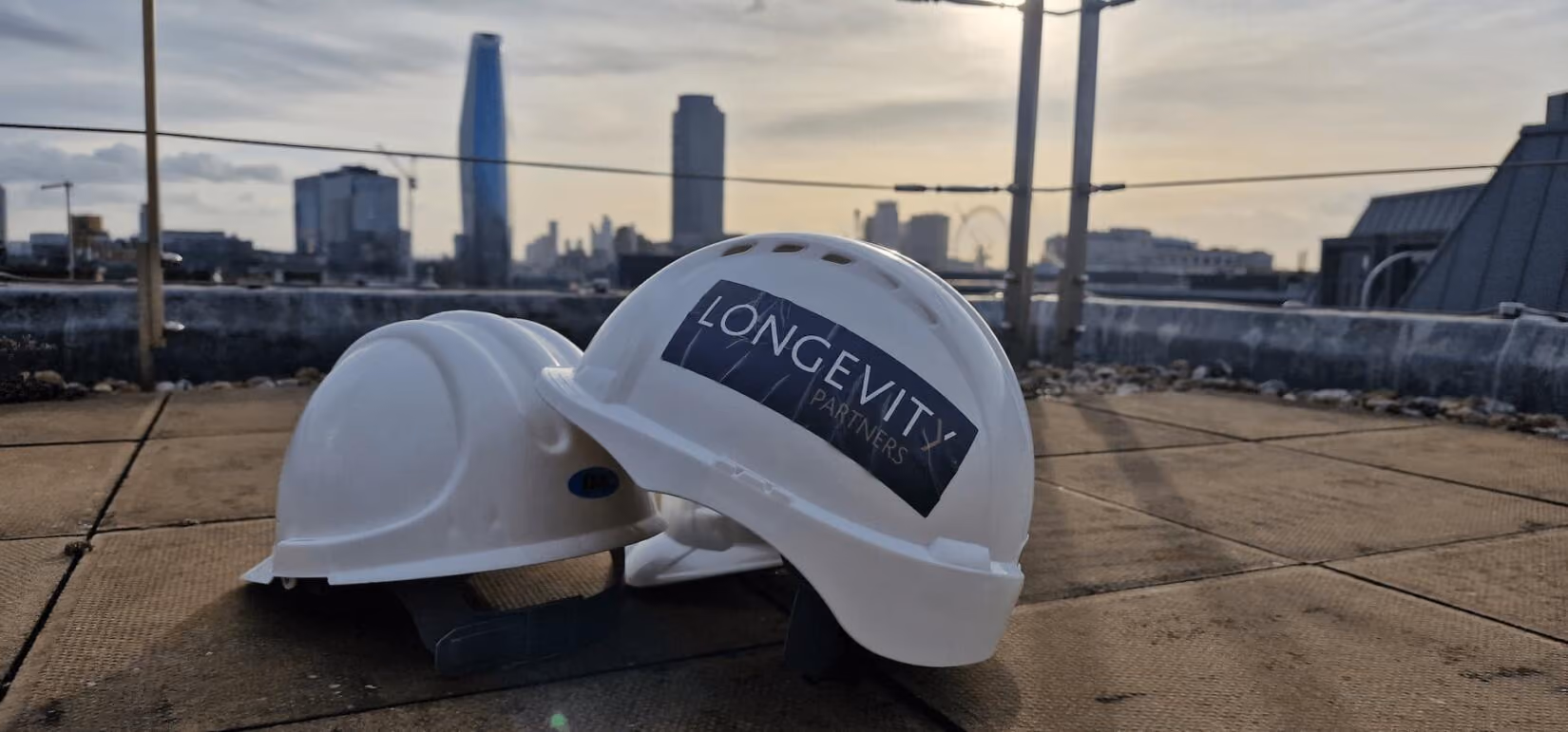Longevity branded helmets at rooftop terrace