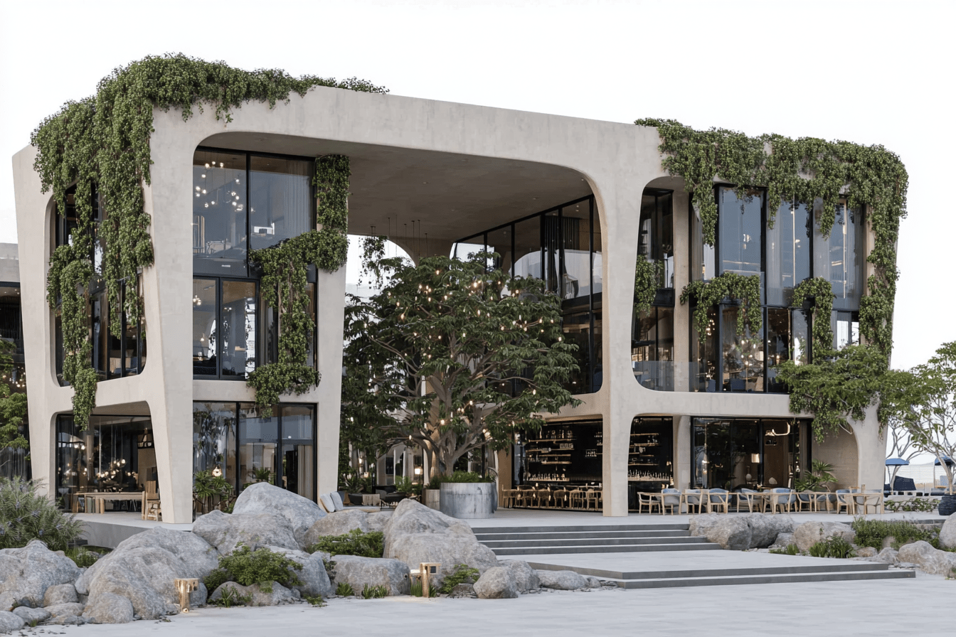 Modern two-story building with large glass windows, curved concrete frames, and abundant green vines and plants integrated into the architecture.