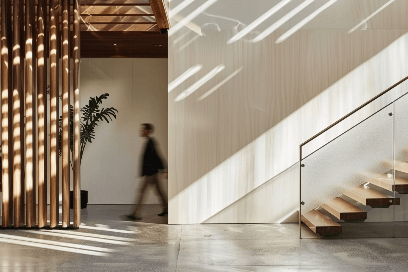 Modern interior with wooden vertical slats, a plant in a pot, a person walking blurred, and a floating wooden staircase with glass railing illuminated by sunlight.