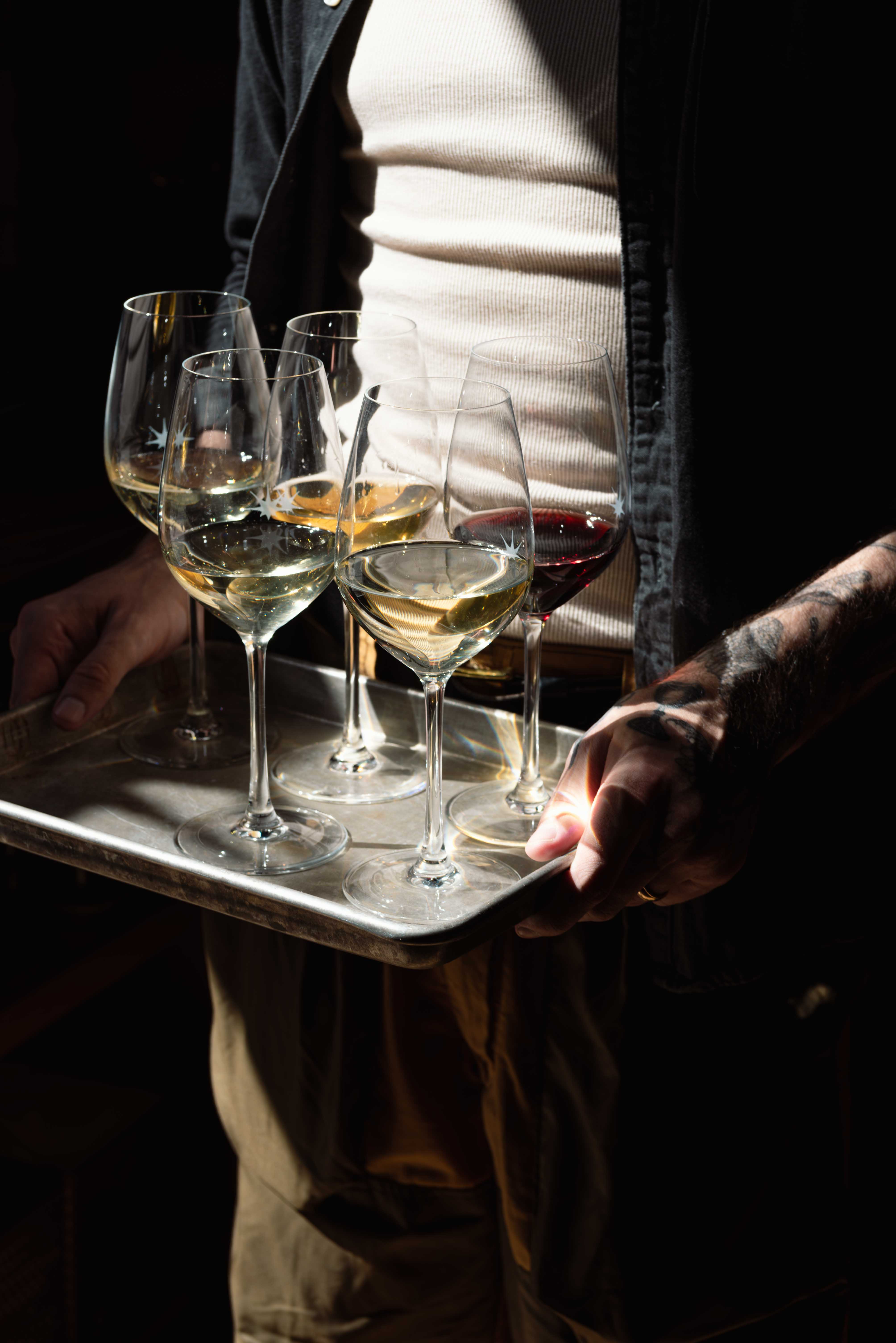 Person holding a tray with five wine glasses filled with white and red wine in dramatic lighting.