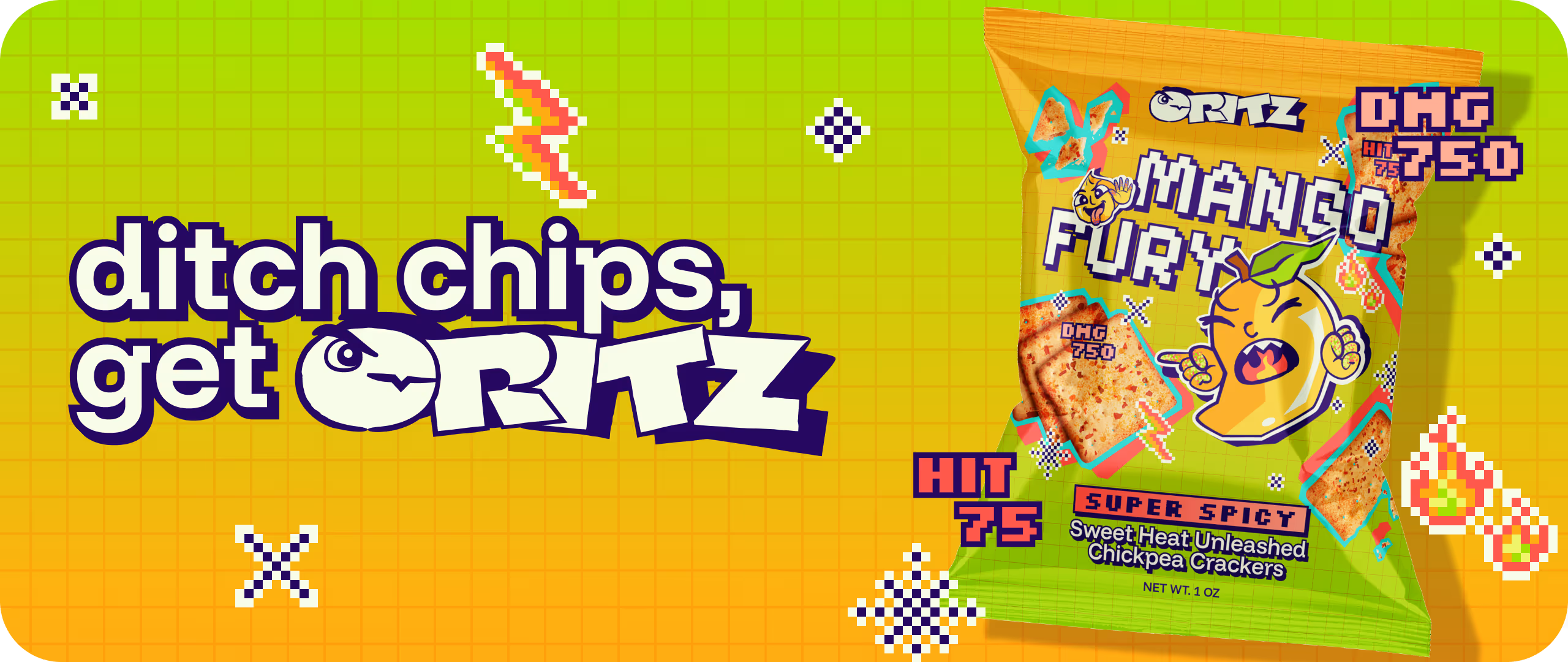 tagline reading "ditch chips, get critz" with "mango fury" flavoured crackers