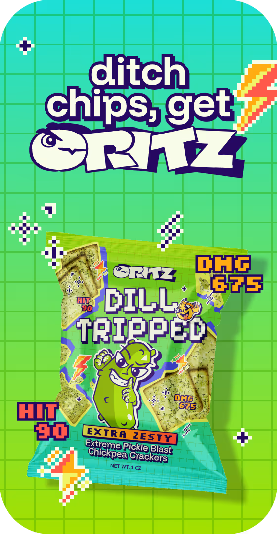 tagline reading "ditch chips, get critz" with "dill tripped" flavoured crackers
