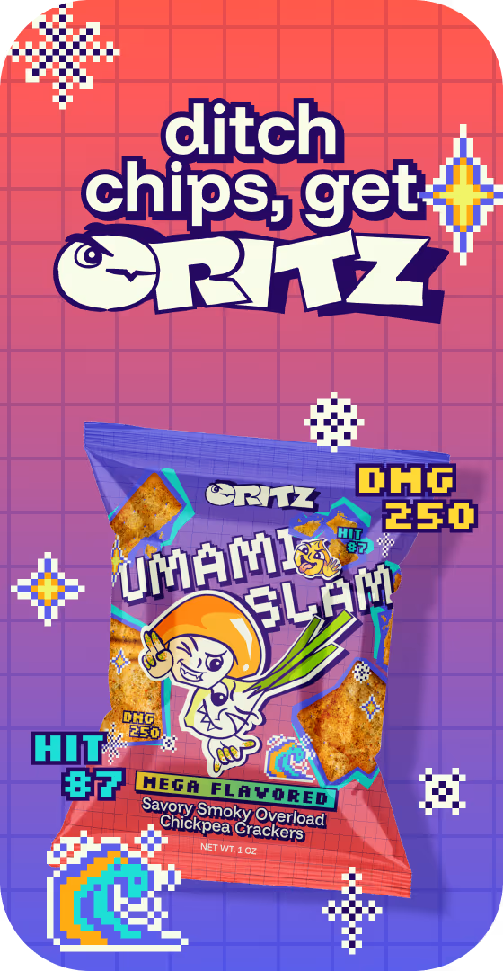 tagline reading "ditch chips, get critz" with "umami slam" flavoured crackers