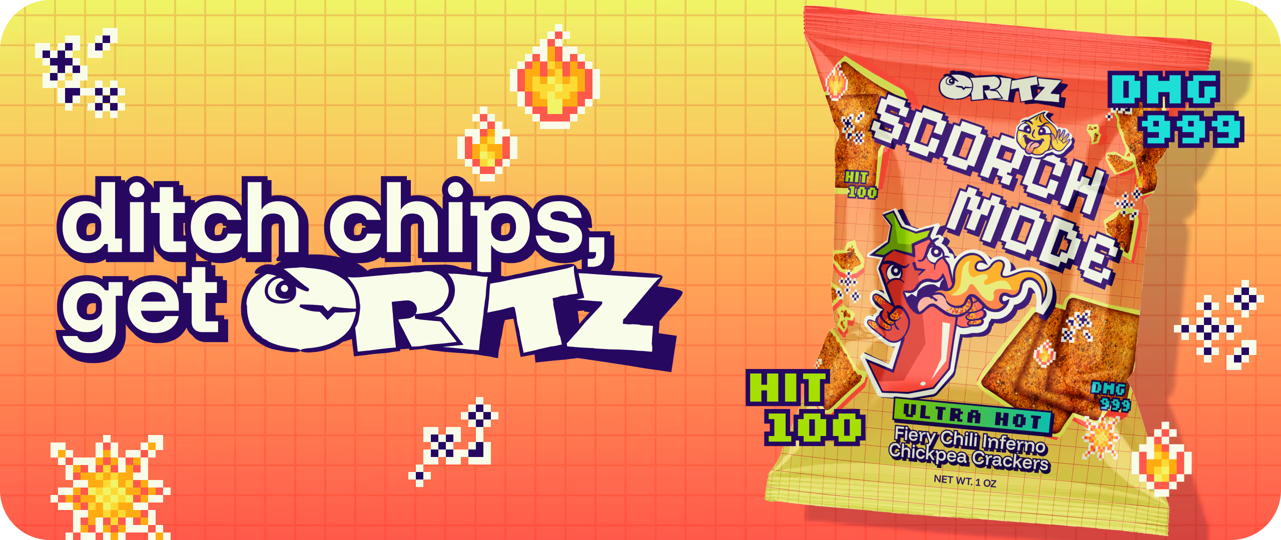tagline reading "ditch chips, get critz" with "scorch mode" flavoured crackers