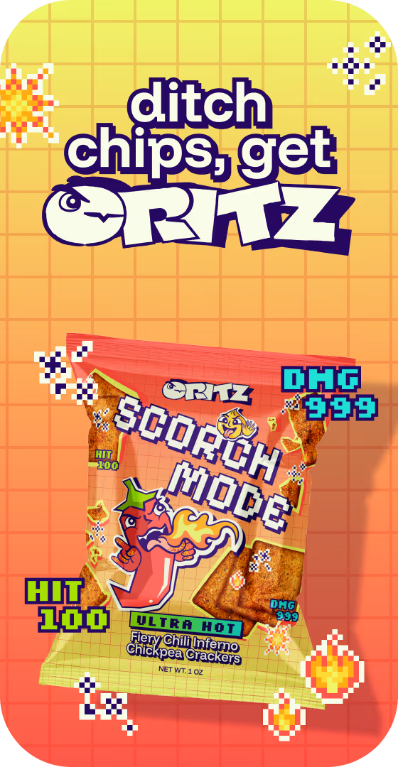 tagline reading "ditch chips, get critz" with "scorch mode" flavoured crackers