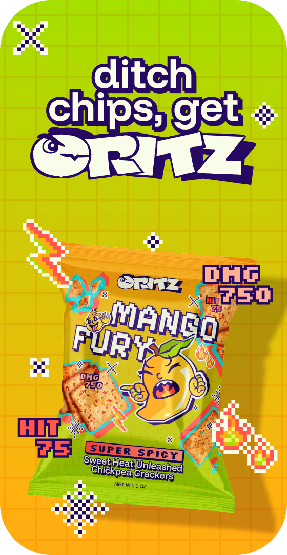 tagline reading "ditch chips, get critz" with "mango fury" flavoured crackers