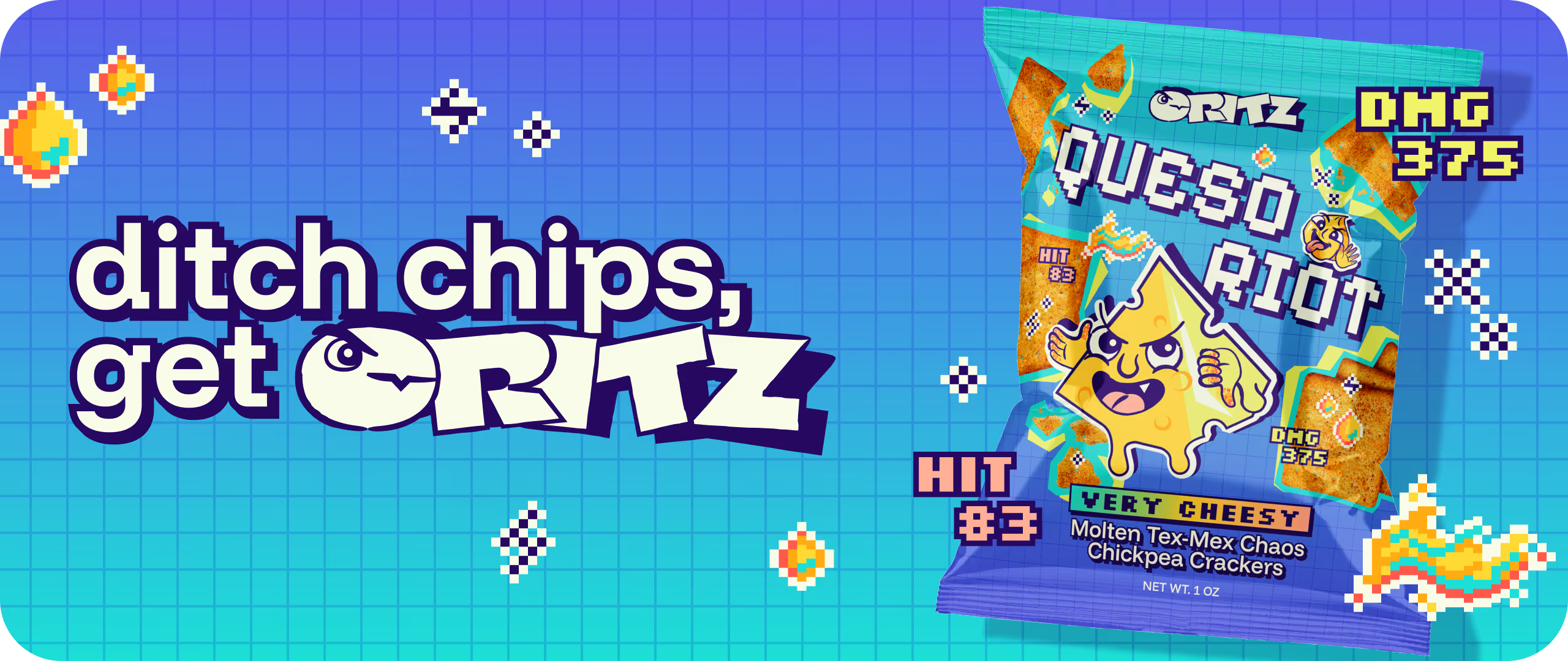 tagline reading "ditch chips, get critz" with "queso riot" flavoured crackers