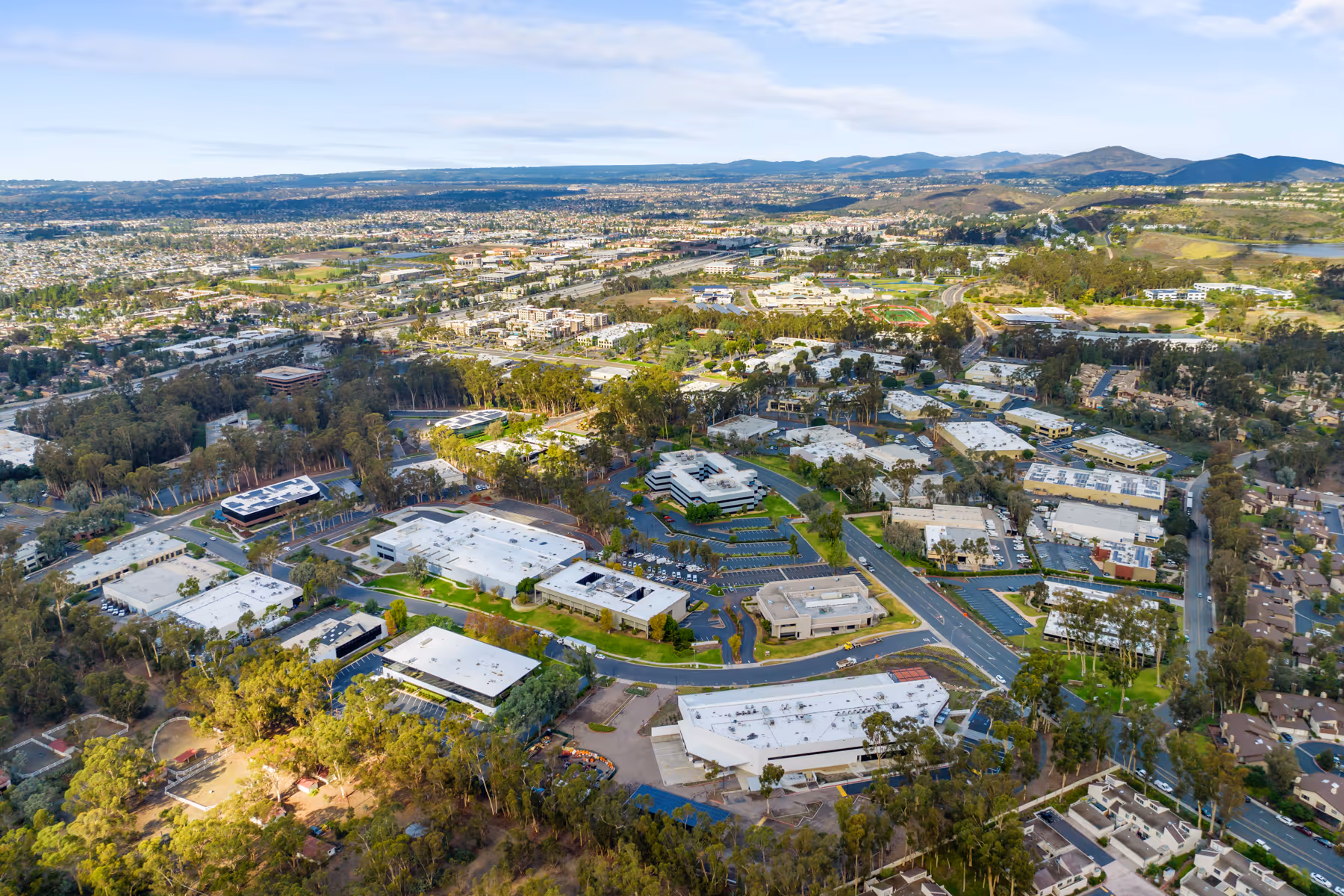 Aerial view of suburban business park with white buildings and trees