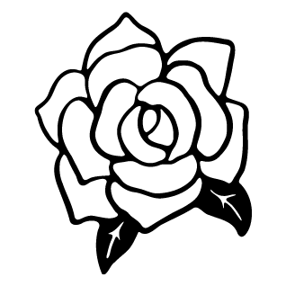 A black and white drawing of a rose.