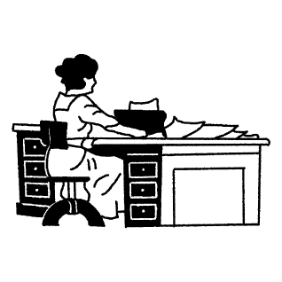 A black and white drawing of a woman at a desk.